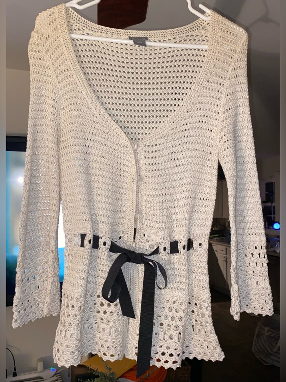 Ann Taylor Cream Crochet Open Knit Cardigan Sweater Black Ribbon Tie Small S